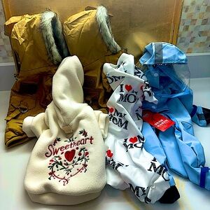 Pet Clothes Bundle:  2 Paris Republic Coats; Raincoat; Hoodie; Onsie - NEW